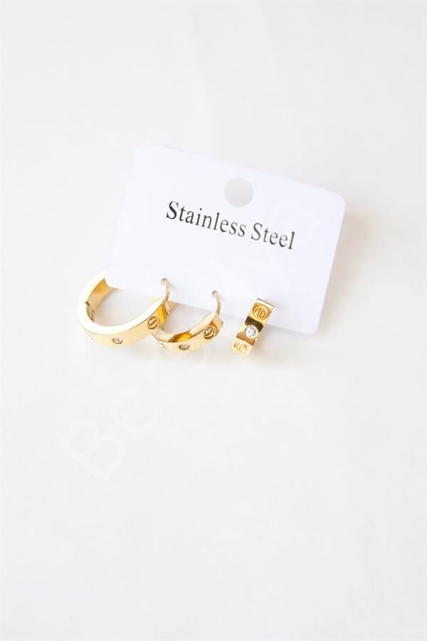 3'lü Taşlı Çelik Halka Küpe - Altın