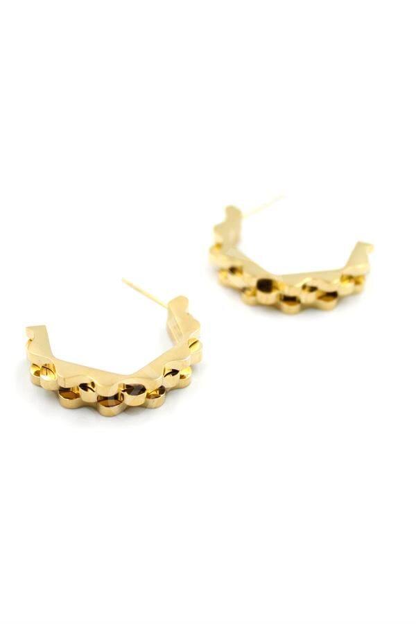 Tırtıklı Beşgen Çelik Küpe - Altın