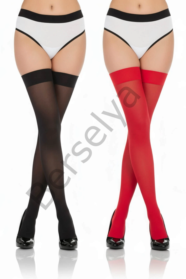 2'li Renkli Dantelsiz 20 Denye Dizüstü Jartiyer Çorabı