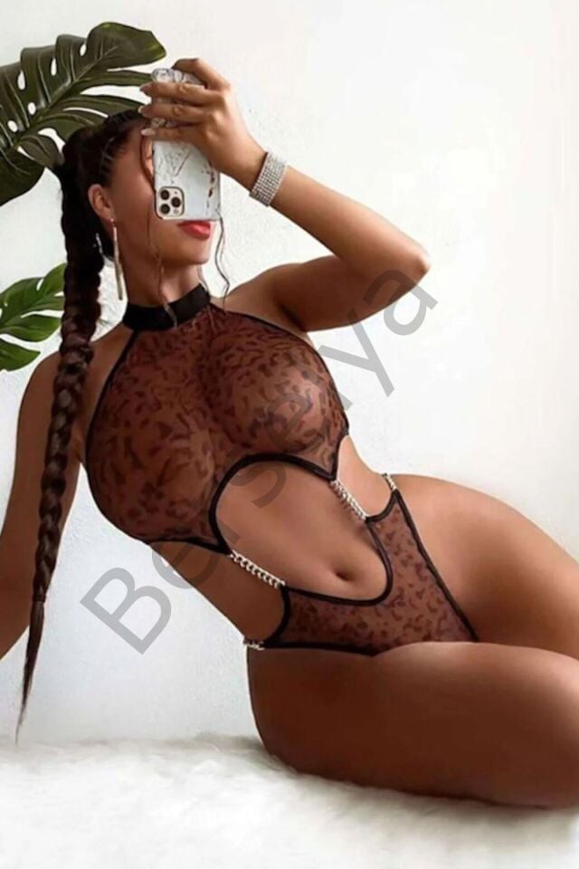 Transparan Leopar Desenli Zincir Detaylı Fantezi Body