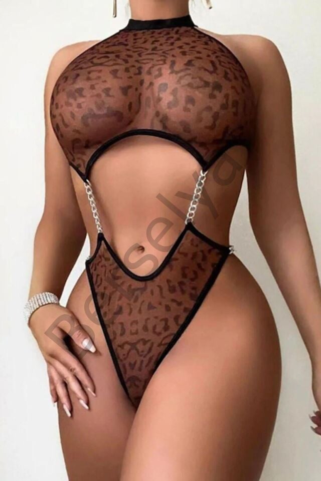 Transparan Leopar Desenli Zincir Detaylı Fantezi Body