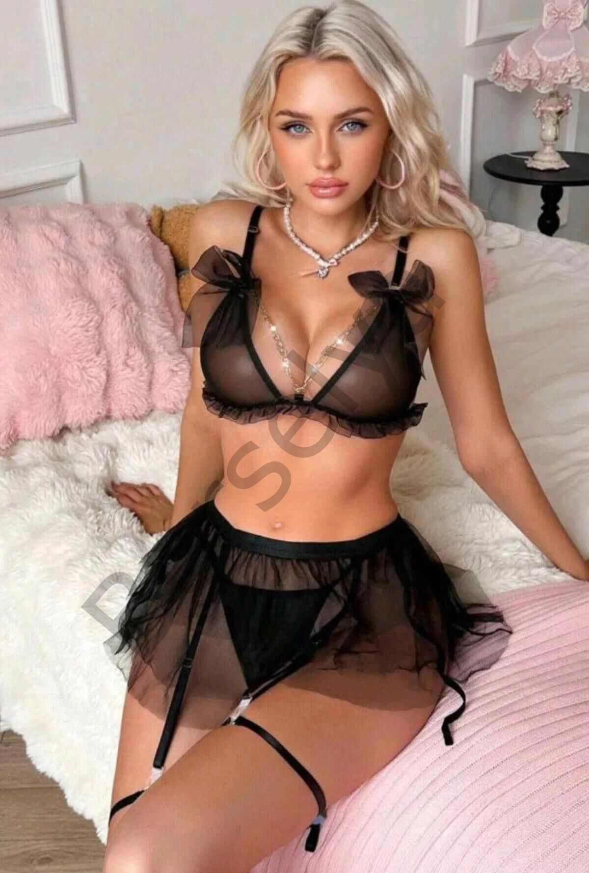 Transparan Siyah Zincir Detaylı Fantezi Tül Etekli Jartiyer Takımı