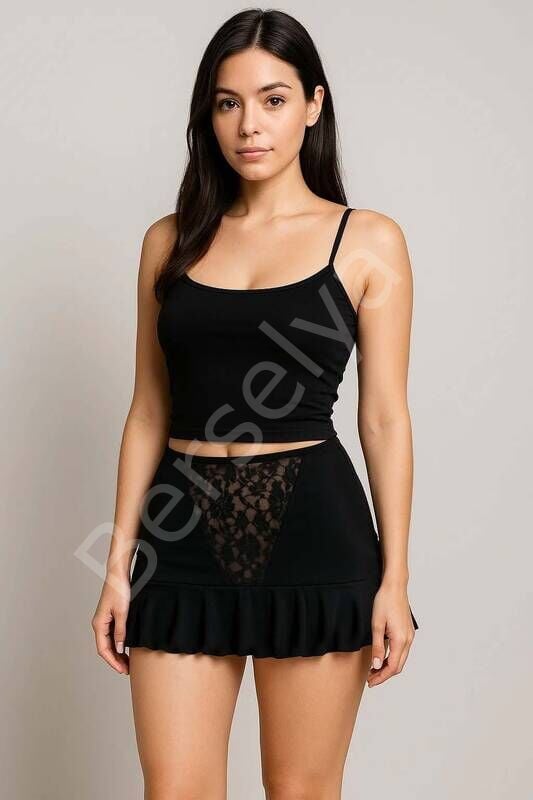 Dantel Detaylı Pileli Mini Etek