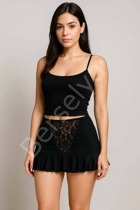 Dantel Detaylı Pileli Mini Etek