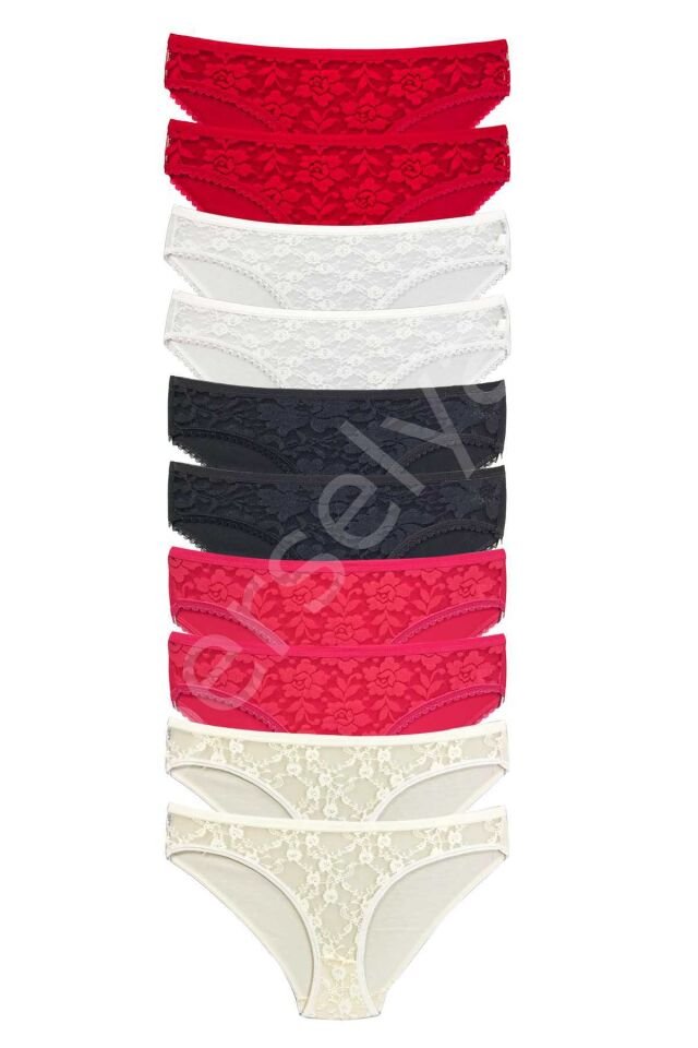 10 Adet Önü Dantelli Transparan Kadın Slip Külot S1