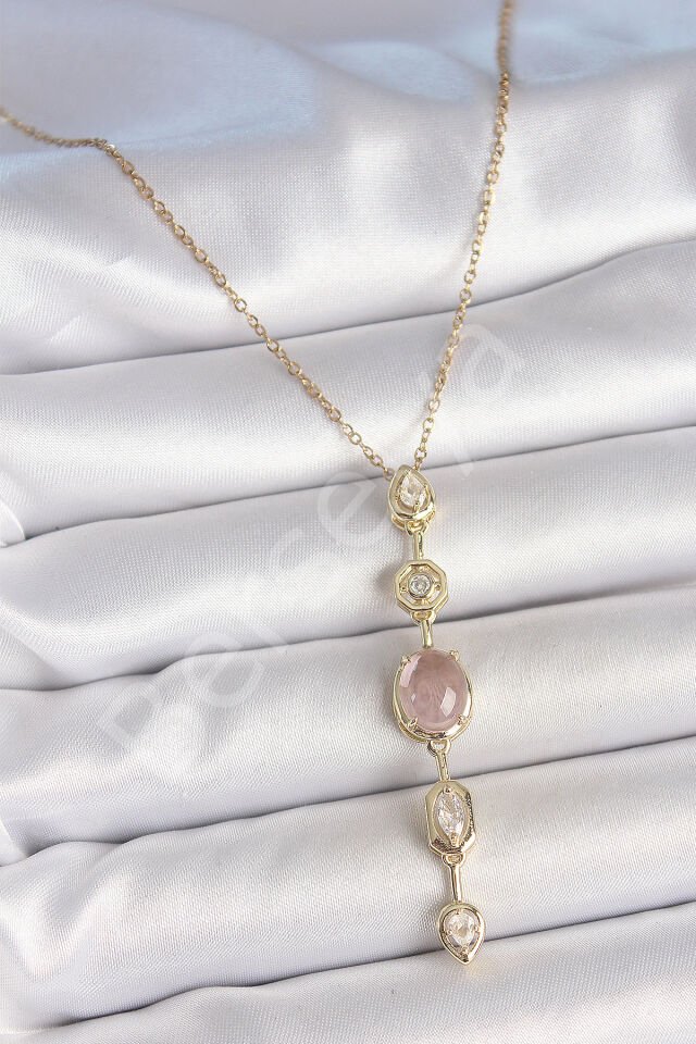 316L Çelik Zincir Gold Renk Pembe Zirkon Taşlı Y Kolye