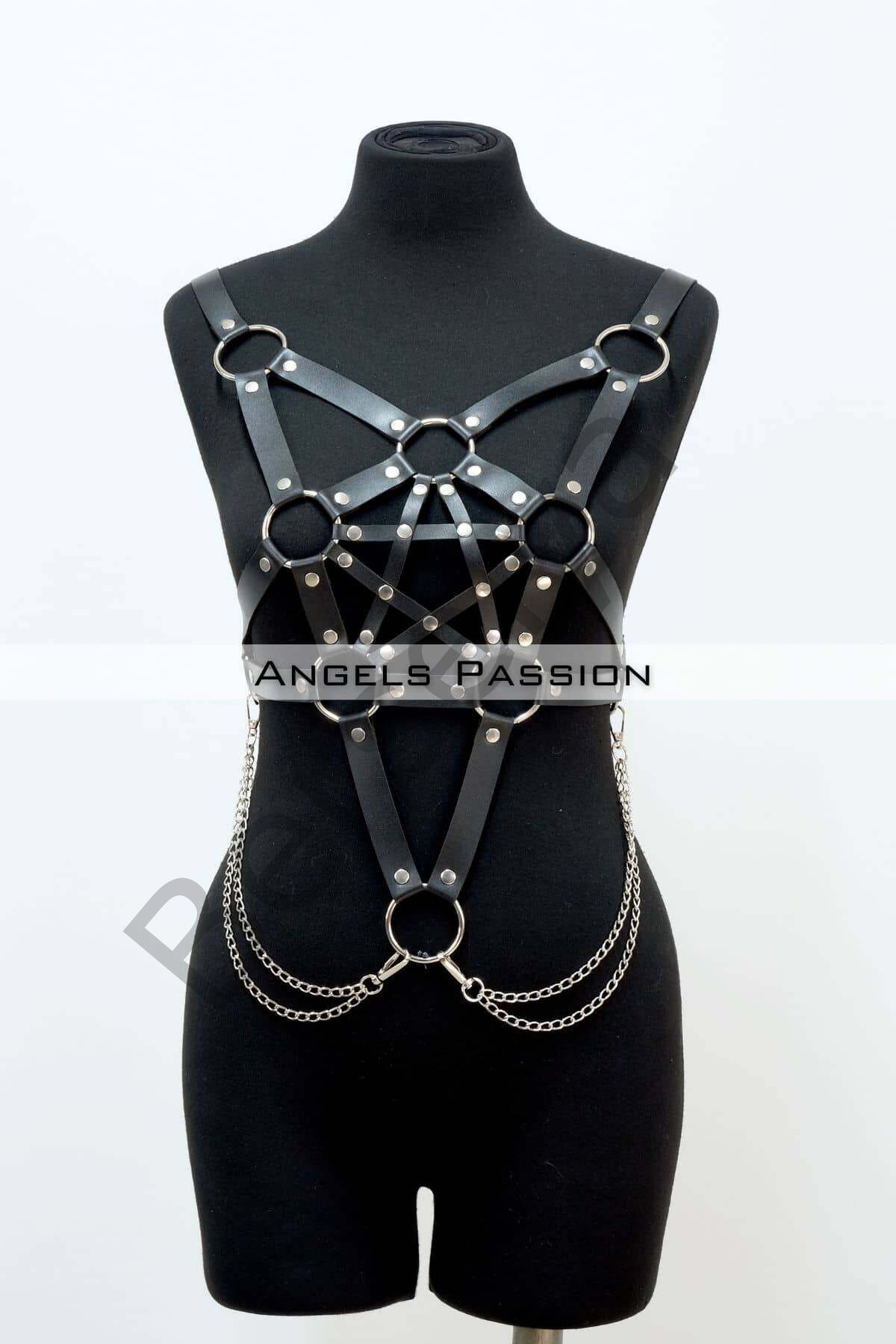 Zincir Detaylı Şık Deri Göğüs Harness, Büstiyer Harness, Deri Göğüs Harness- Brf1399