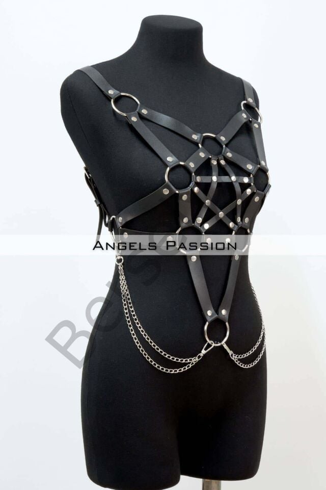 Zincir Detaylı Şık Deri Göğüs Harness, Büstiyer Harness, Deri Göğüs Harness- Brf1399