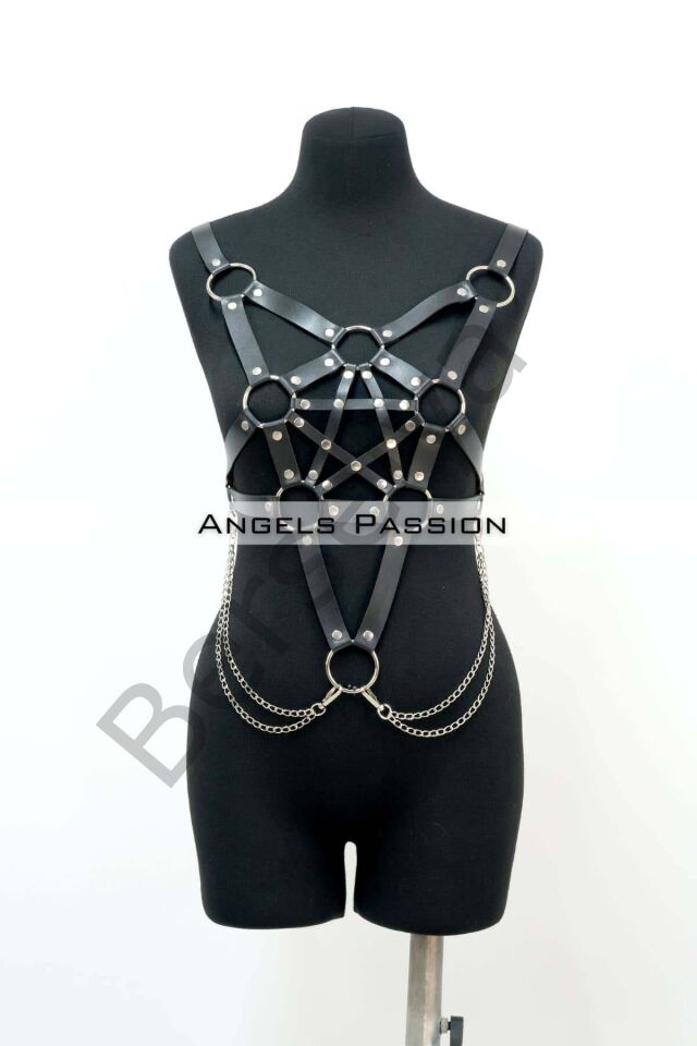 Zincir Detaylı Şık Deri Göğüs Harness, Büstiyer Harness, Deri Göğüs Harness- Brf1399