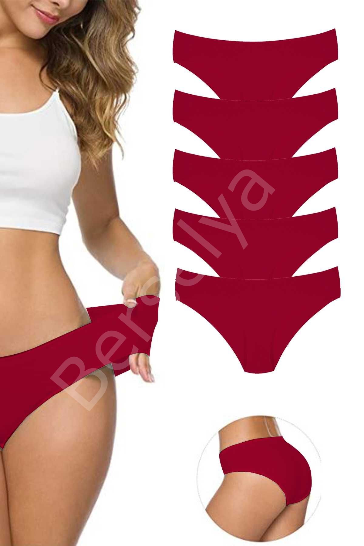5 Adet Kadın Dikişsiz Lazer Kesim Esnek İz yapmayan Külot Bordo L-XL