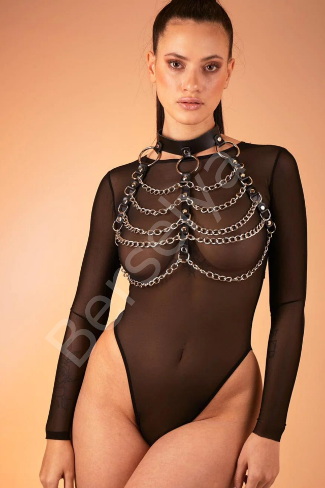 Göğüs Kısmı Zincirli Deri Harness Fantezi Deri Kostüm Siyah 800731s