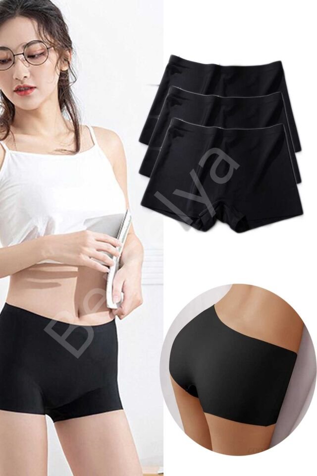3 Adet Kadın Dikişsiz Görünmez İz Yapmaz Mini Şort Boxer Siyah