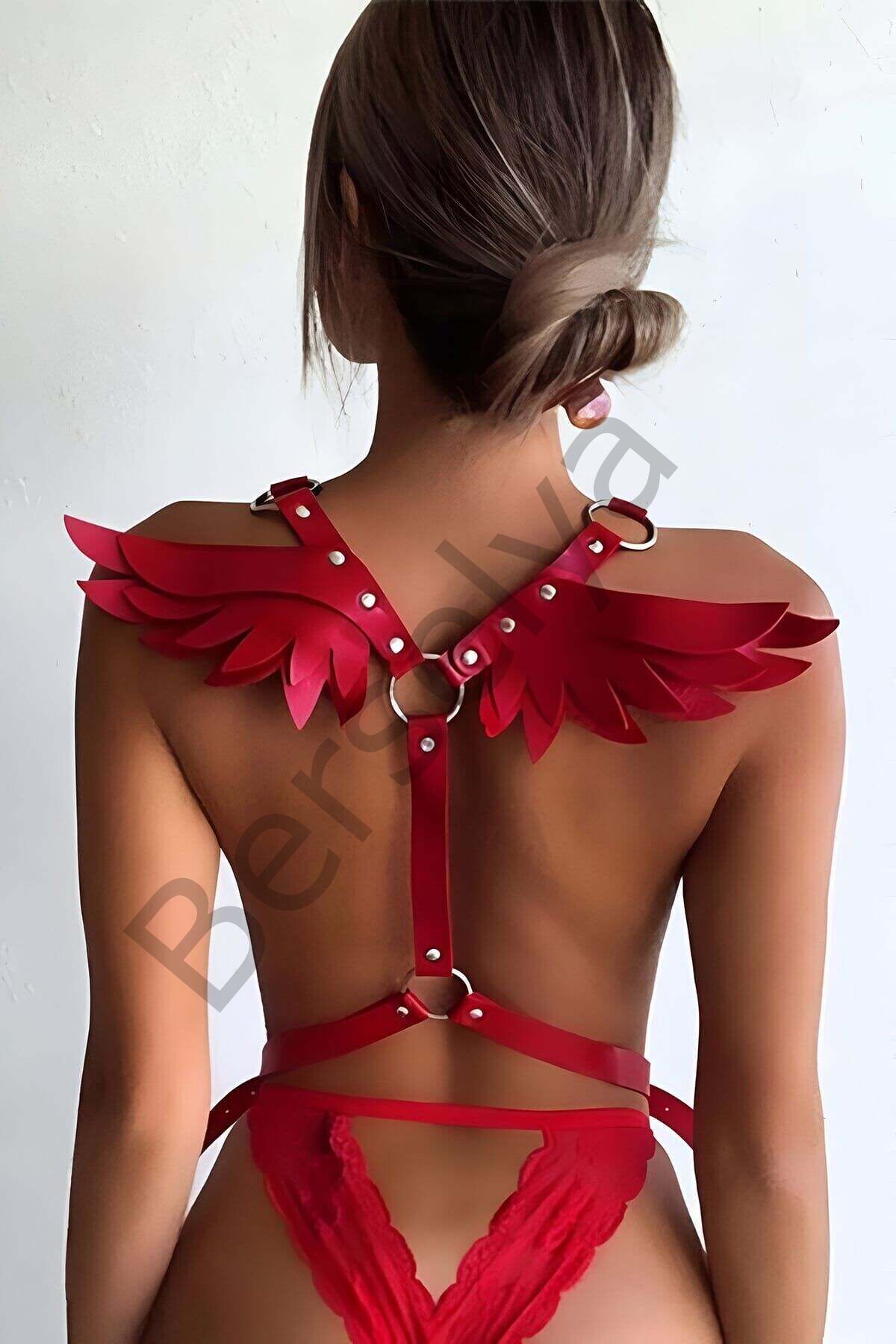 Melek Kanadı Detaylı Şık Deri Harness - Brf642