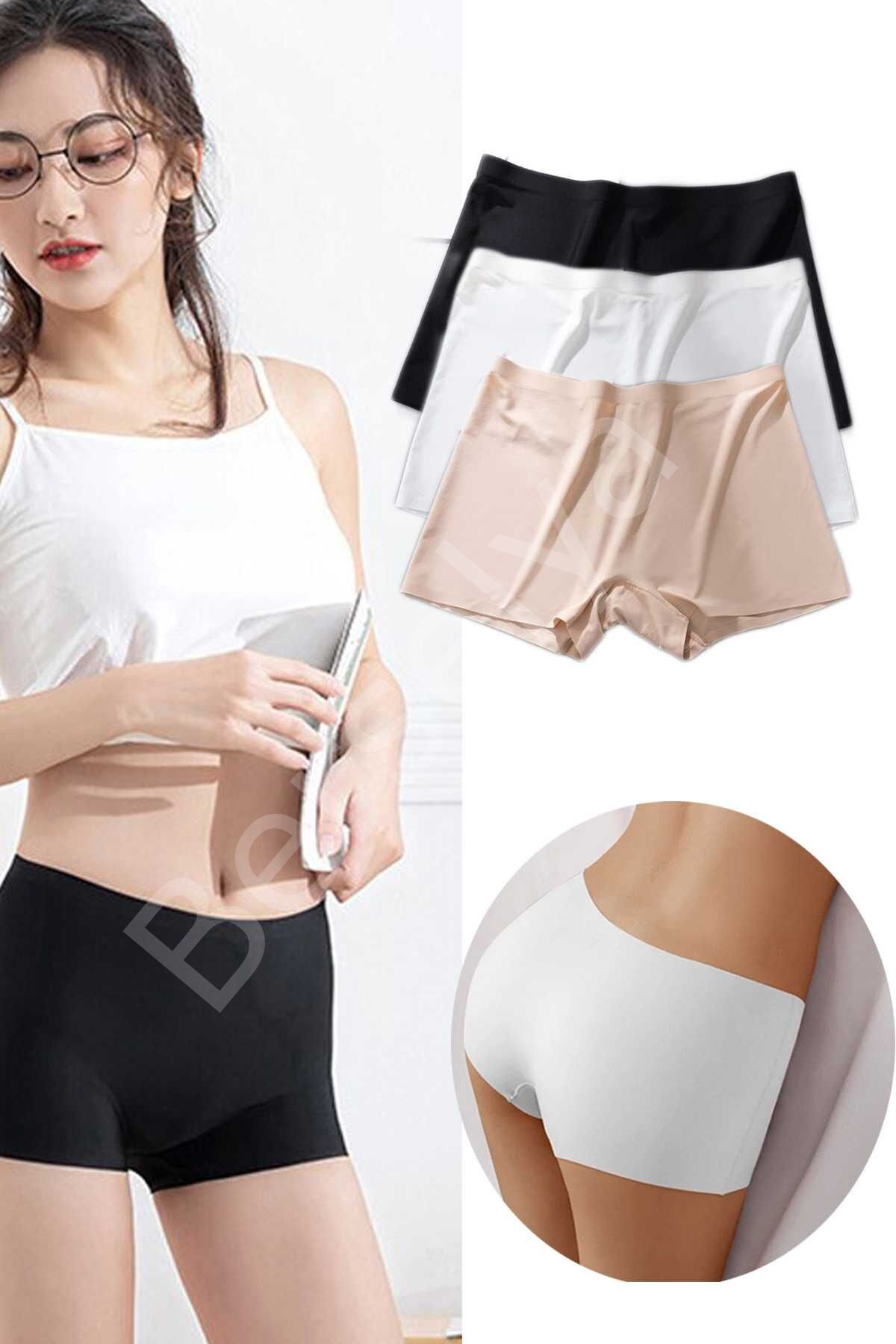 3 Adet Kadın Dikişsiz Görünmez İz Yapmaz Mini Şort Boxer Siyah Beyaz Ten