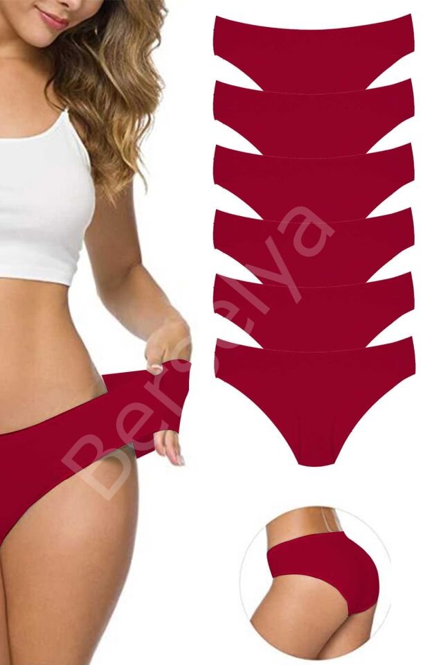 6 Adet Kadın Dikişsiz Lazer Kesim Esnek İz yapmayan Külot Bordo L-XL