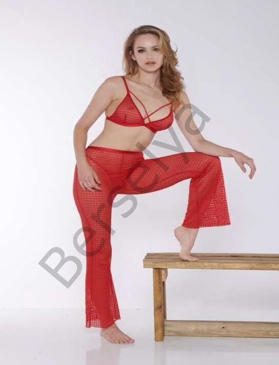 Kırmızı Transparan Fantezi Sütyen Pijama Takımı