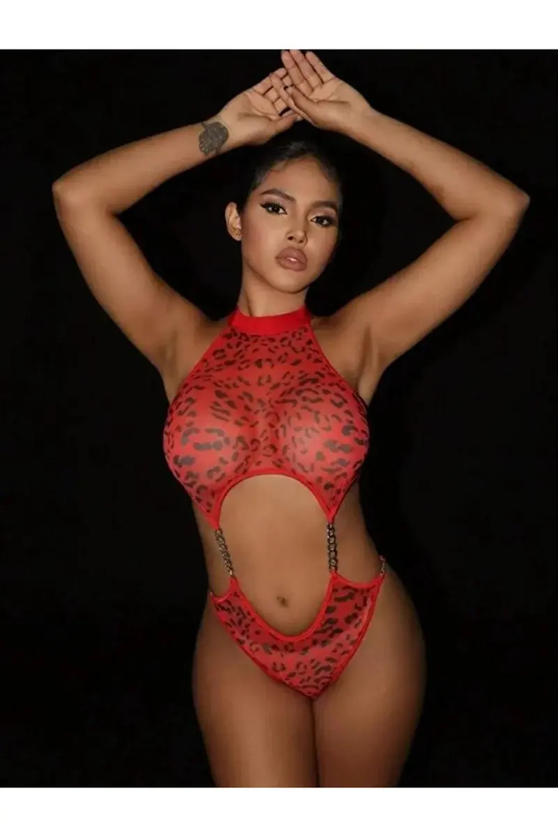 Kadın Seksi Kırmızı Leopar Desen Zincir Detaylı Babydoll