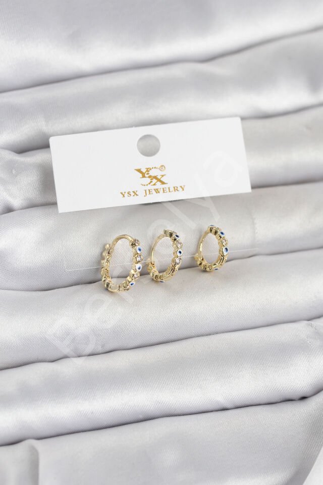 Pirinç Gold Renk Nazarlı Model 3'lü Kadın Küpe