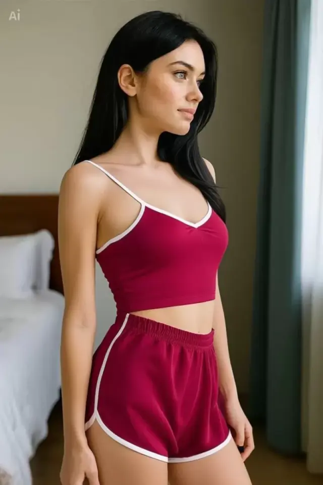Bordo Crop Atlet Ve Şortlu Gecelik Takım Askılı Esnek Kumaş Rahat Kadın Ev Giyim Seti