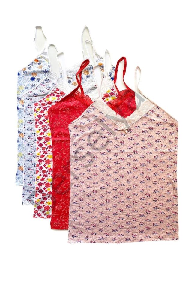 5 Adet Kadın Askılı Desenli Atlet Dantelli Empirme Pamuklu Penye D6-10