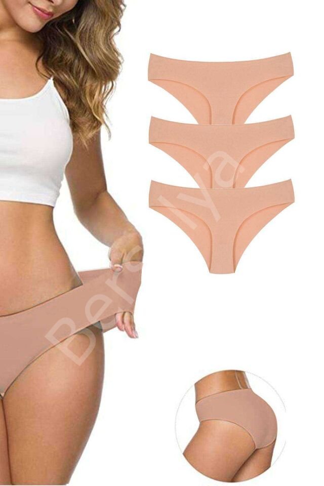 3 Adet Kadın Dikişsiz Lazer Kesim Esnek İz yapmayan Külot Ten L-XL