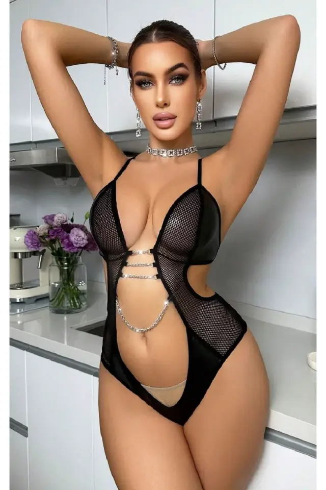 Fantezi Giyim Kelepçeli Set Tamamlayan Zincirli Babydoll Gecelik