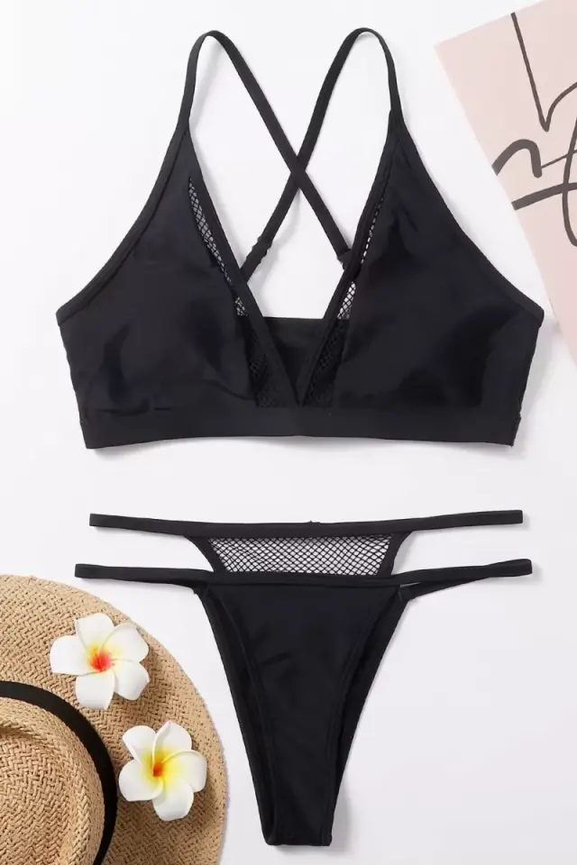 Siyah File Detaylı Şık Bikini Takımı Yüksek Bel Esnek Kumaş Yazlık Kadın Mayo Seti