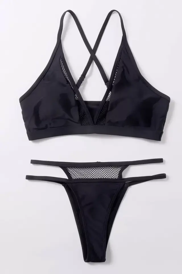 Siyah File Detaylı Şık Bikini Takımı Yüksek Bel Esnek Kumaş Yazlık Kadın Mayo Seti