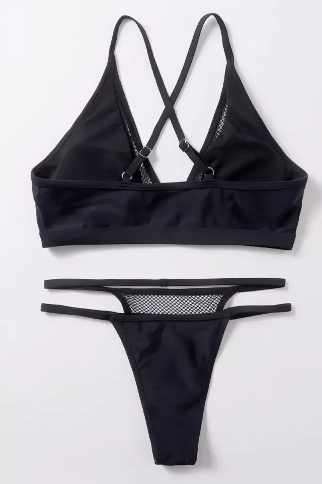 Siyah File Detaylı Şık Bikini Takımı Yüksek Bel Esnek Kumaş Yazlık Kadın Mayo Seti