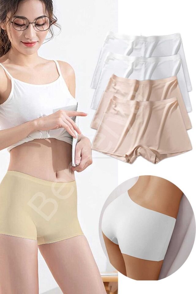 4 Adet Kadın Dikişsiz Görünmez İz Yapmaz Mini Şort Boxer Beyaz Ten