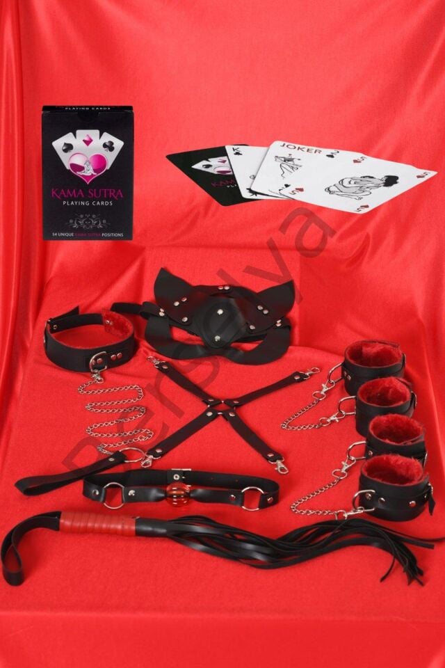 Sexy Görselli Oyun Kartı Kama Sutra 7'li Kırmızı Siyah Harness Set