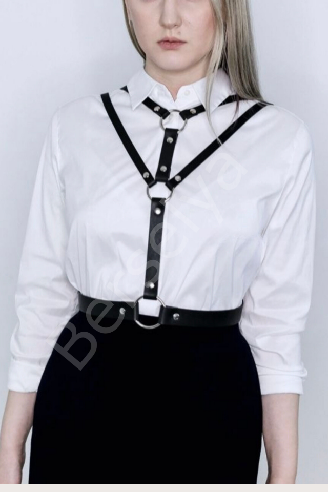 Kıyafet Elbise Üstüne Belden Bağlama Bağlamalı Boyundan Şık Çiftli Harness Suni Deri Kemer 800568