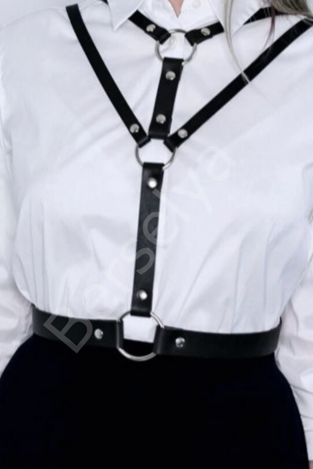 Kıyafet Elbise Üstüne Belden Bağlama Bağlamalı Boyundan Şık Çiftli Harness Suni Deri Kemer 800568