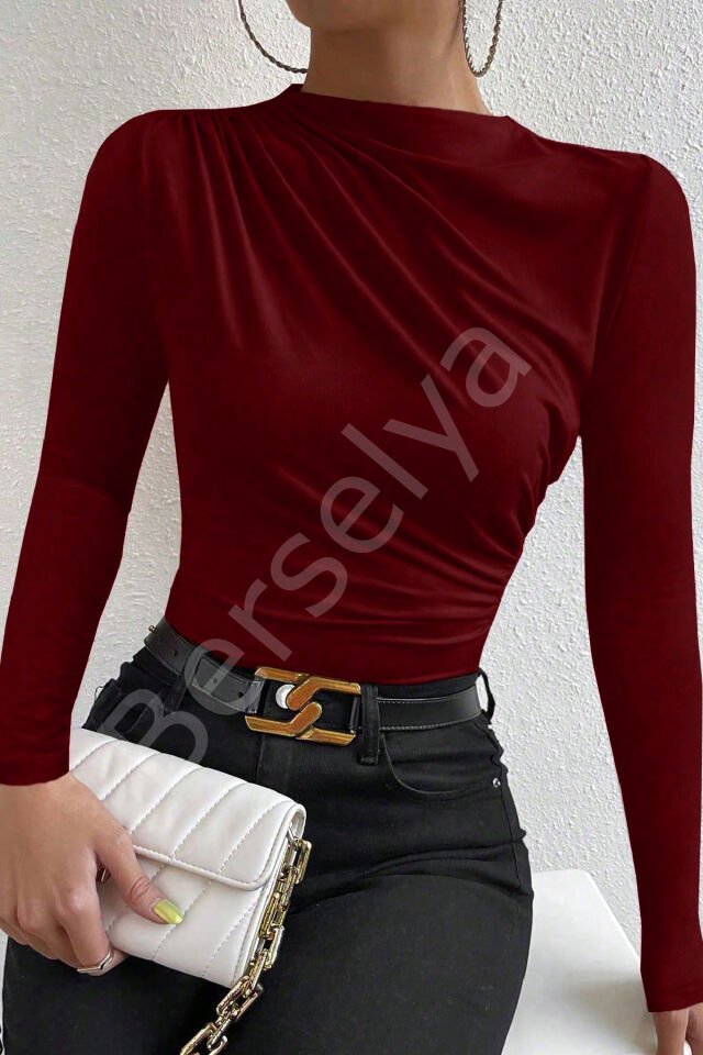 Kadın Bordo Belden Ve Boyundan Büzgü Detaylı Uzun Kollu Bluz