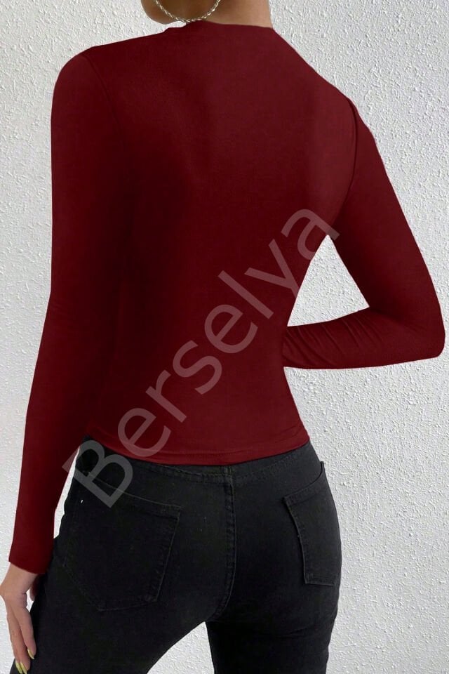 Kadın Bordo Belden Ve Boyundan Büzgü Detaylı Uzun Kollu Bluz